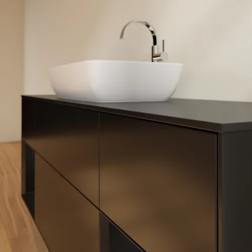 VILLEROY BOCH Toaletní skříňka Finion, s osvětlením, 4 výsuvy, 1600 x 603 x 501 mm, černý matný lak / černý matný lak / černé matné sklo #F862PDPD, obrázek 6
