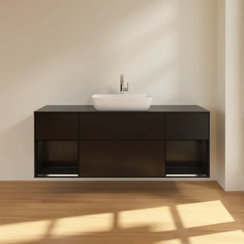 VILLEROY BOCH Toaletní skříňka Finion, s osvětlením, 4 výsuvy, 1600 x 603 x 501 mm, černý matný lak / černý matný lak / černé matné sklo #F862PDPD, obrázek 3