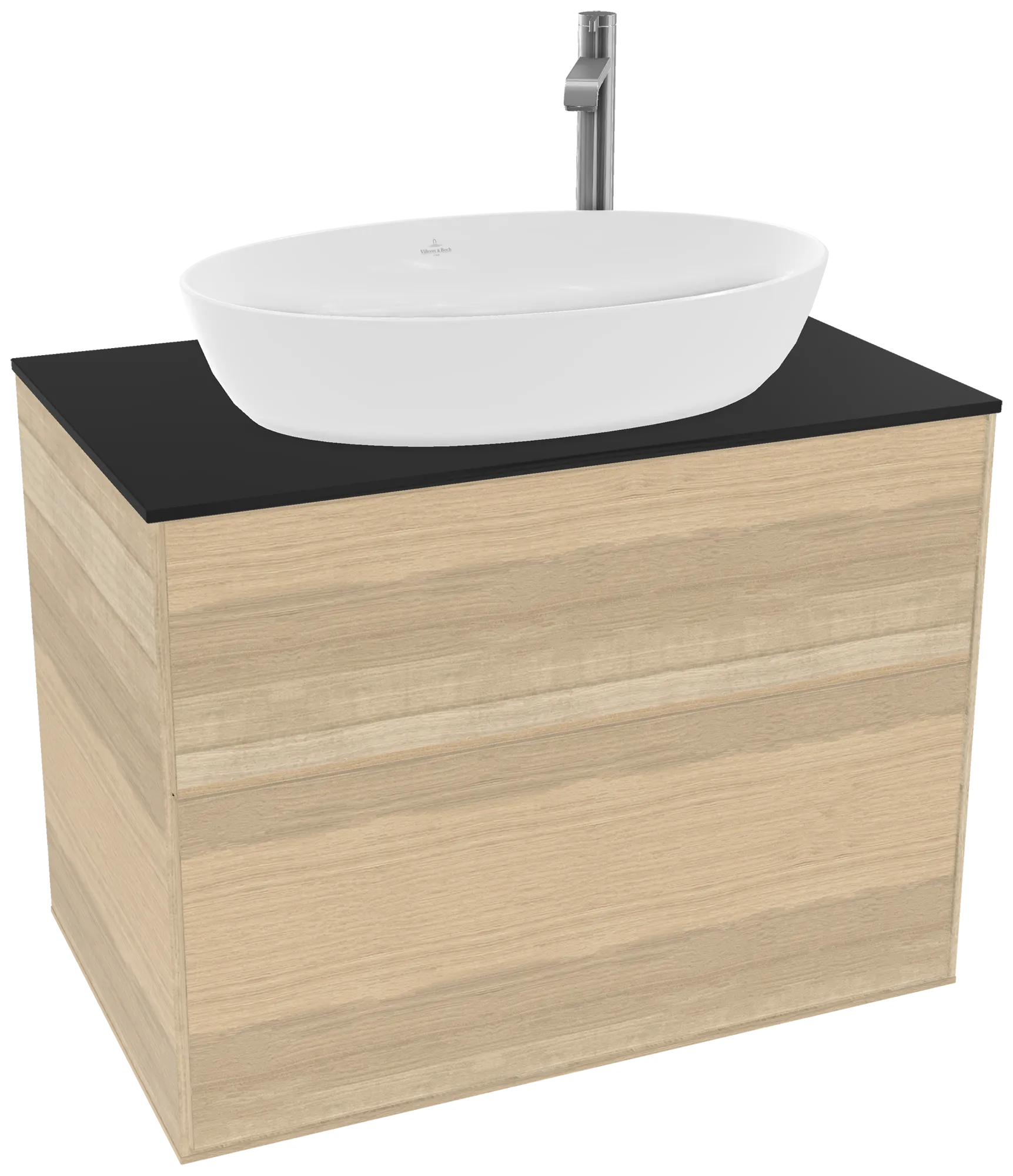 VILLEROY BOCH Toaletní skříňka Finion, 2 výsuvy, 800 x 603 x 501 mm, dubová dýha / sklo černé matné #F87200PC