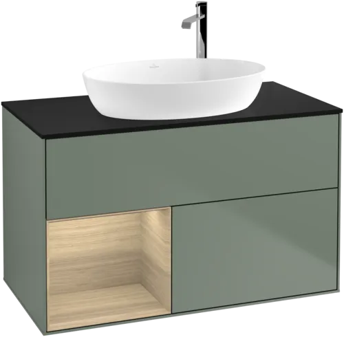 VILLEROY BOCH Toaletní skříňka Finion, s osvětlením, 2 výsuvy, 1000 x 603 x 501 mm, olivový matný lak / dubová dýha / sklo černé matné #F892PCGM
