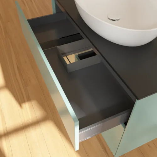 VILLEROY BOCH Toaletní skříňka Finion, s osvětlením, 2 výsuvy, 1000 x 603 x 501 mm, olivový matný lak / dubová dýha / sklo černé matné #F892PCGM, obrázek 8
