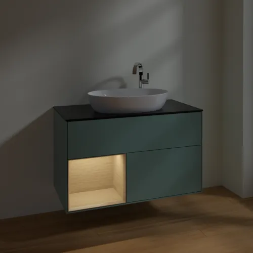 VILLEROY BOCH Toaletní skříňka Finion, s osvětlením, 2 výsuvy, 1000 x 603 x 501 mm, olivový matný lak / dubová dýha / sklo černé matné #F892PCGM, obrázek 5
