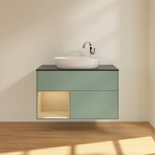 VILLEROY BOCH Toaletní skříňka Finion, s osvětlením, 2 výsuvy, 1000 x 603 x 501 mm, olivový matný lak / dubová dýha / sklo černé matné #F892PCGM, obrázek 3