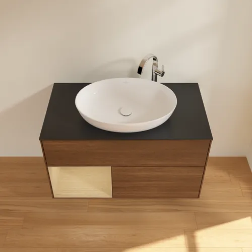 VILLEROY BOCH Toaletní stolek Finion, s osvětlením, 2 výsuvy, 1000 x 603 x 501 mm, ořechová dýha / dubová dýha / sklo černé matné #F892PCGN, obrázek 4