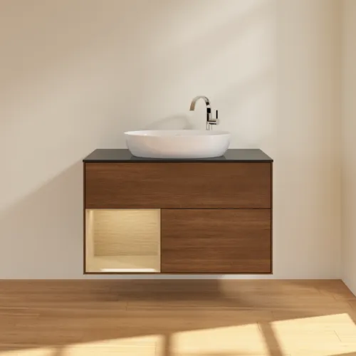 VILLEROY BOCH Toaletní stolek Finion, s osvětlením, 2 výsuvy, 1000 x 603 x 501 mm, ořechová dýha / dubová dýha / sklo černé matné #F892PCGN, obrázek 3