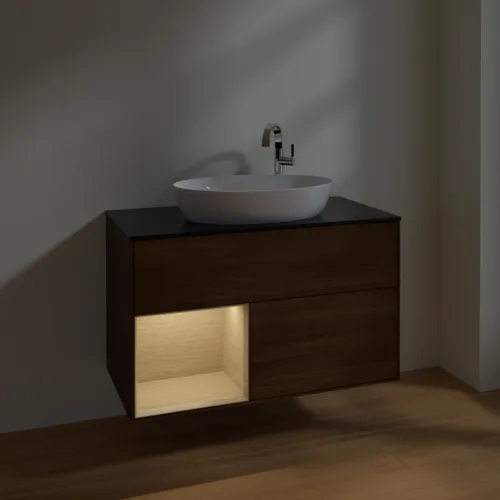 VILLEROY BOCH Toaletní stolek Finion, s osvětlením, 2 výsuvy, 1000 x 603 x 501 mm, ořechová dýha / dubová dýha / sklo černé matné #F892PCGN, obrázek 5