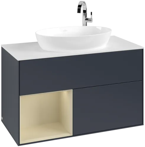 VILLEROY BOCH Toaletní skříňka Finion, s osvětlením, 2 výsuvy, 1000 x 603 x 501 mm, Midnight Blue Matt Lacquer / Silk Grey Matt Lacquer / Glass White Matt #F891HJHG