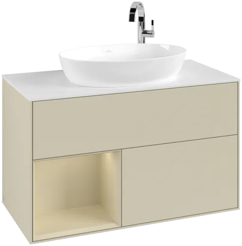 VILLEROY BOCH Toaletní skříňka Finion, s osvětlením, 2 výsuvy, 1000 x 603 x 501 mm, Silk Grey Matt Lacquer / Silk Grey Matt Lacquer / Glass White Matt #F891HJHJ
