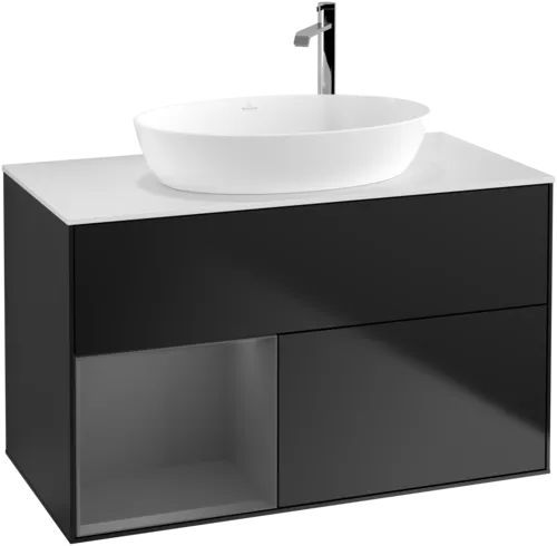 VILLEROY BOCH Toaletní skříňka Finion, s osvětlením, 2 výsuvy, 1000 x 603 x 501 mm, černý matný lak / antracitový matný lak / bílé matné sklo #F891GKPD, obrázek 1
