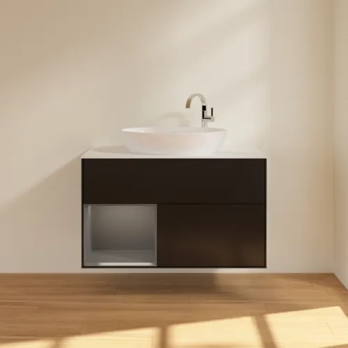 VILLEROY BOCH Toaletní skříňka Finion, s osvětlením, 2 výsuvy, 1000 x 603 x 501 mm, černý matný lak / antracitový matný lak / bílé matné sklo #F891GKPD, obrázek 3