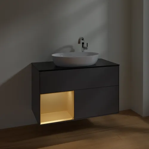 VILLEROY BOCH Toaletní skříňka Finion, s osvětlením, 2 výsuvy, 1000 x 603 x 501 mm, antracit matný lak / zlatý matný lak / černé matné sklo #F892HFGK, obrázek 5