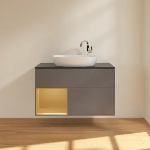 VILLEROY BOCH Toaletní skříňka Finion, s osvětlením, 2 výsuvy, 1000 x 603 x 501 mm, antracit matný lak / zlatý matný lak / černé matné sklo #F892HFGK, obrázek 3
