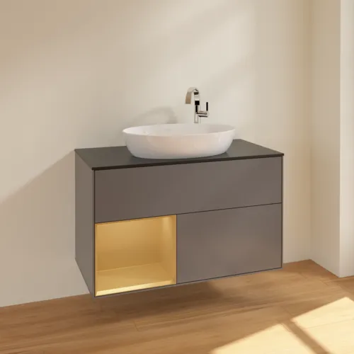 VILLEROY BOCH Toaletní skříňka Finion, s osvětlením, 2 výsuvy, 1000 x 603 x 501 mm, antracit matný lak / zlatý matný lak / černé matné sklo #F892HFGK, obrázek 2