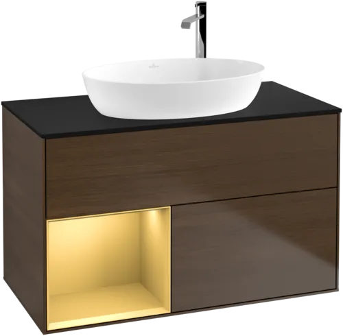 VILLEROY BOCH Toaletní skříňka Finion, s osvětlením, 2 výsuvy, 1000 x 603 x 501 mm, ořechová dýha / zlatý matný lak / černé matné sklo #F892HFGN, obrázek 1
