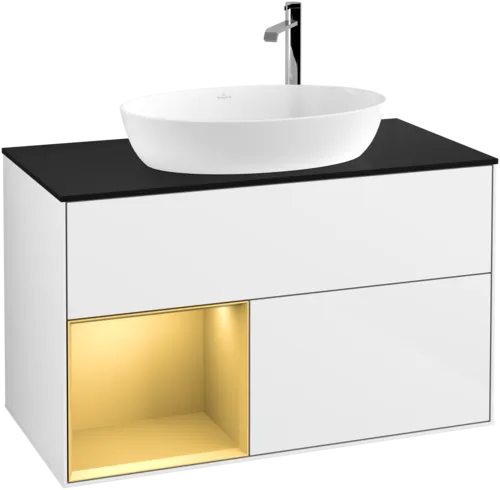 VILLEROY BOCH Toaletní skříňka Finion, s osvětlením, 2 výsuvy, 1000 x 603 x 501 mm, lesklý bílý lak / zlatý matný lak / černé matné sklo #F892HFGF, obrázek 1