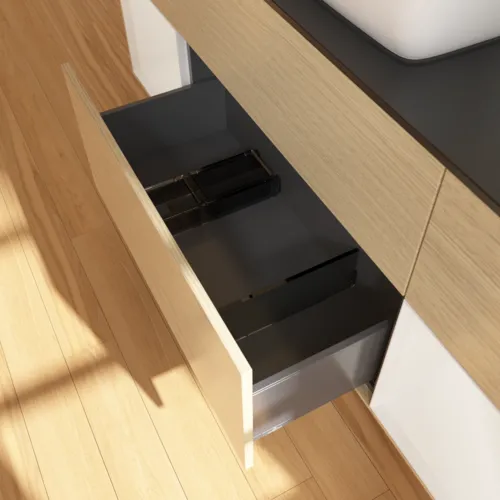 VILLEROY BOCH Toaletní skříňka Finion, s osvětlením, 4 výsuvy, 1600 x 603 x 501 mm, dubová dýha / lesklý bílý lak / sklo černé matné #F862GFPC, obrázek 7