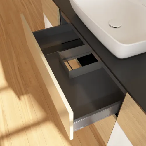VILLEROY BOCH Toaletní skříňka Finion, s osvětlením, 4 výsuvy, 1600 x 603 x 501 mm, dubová dýha / lesklý bílý lak / sklo černé matné #F862GFPC, obrázek 8