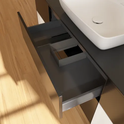 VILLEROY BOCH Toaletní skříňka Finion, s osvětlením, 4 výsuvy, 1600 x 603 x 501 mm, černý matný lak / bílý lesklý lak / černé matné sklo #F862GFPD, obrázek 8