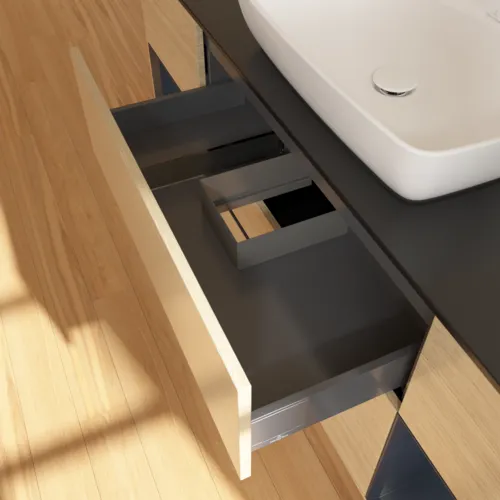 VILLEROY BOCH Toaletní skříňka Finion, s osvětlením, 4 výsuvy, 1600 x 603 x 501 mm, dubová dýha / půlnočně modrý matný lak / černé matné sklo #F862HGPC, obrázek 8
