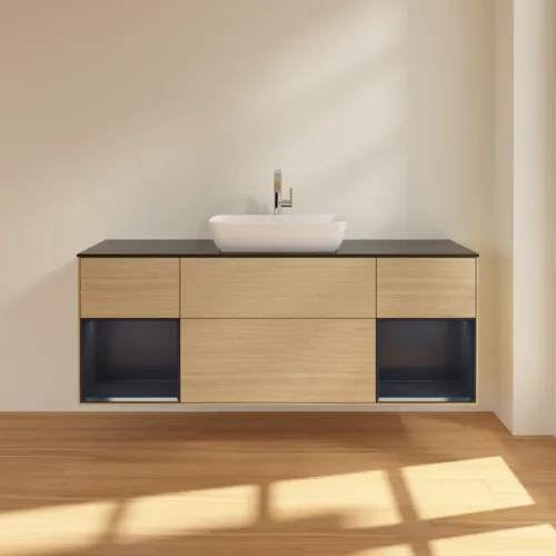 VILLEROY BOCH Toaletní skříňka Finion, s osvětlením, 4 výsuvy, 1600 x 603 x 501 mm, dubová dýha / půlnočně modrý matný lak / černé matné sklo #F862HGPC, obrázek 3