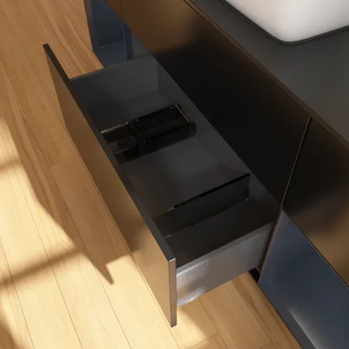 VILLEROY BOCH Toaletní skříňka Finion, s osvětlením, 4 výsuvy, 1600 x 603 x 501 mm, černý matný lak / půlnoční modrý matný lak / černé matné sklo #F862HGPD, obrázek 7