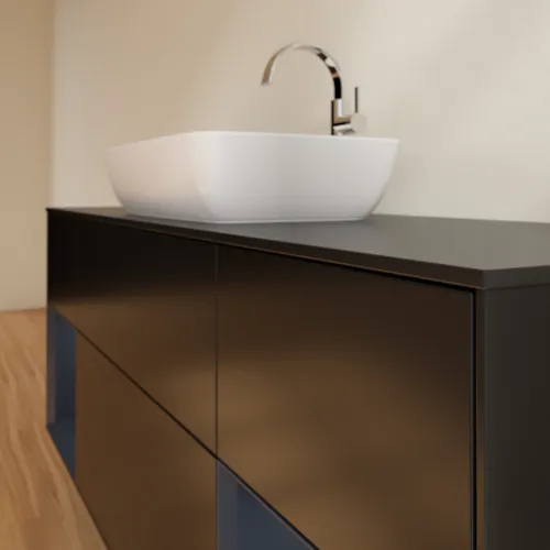 VILLEROY BOCH Toaletní skříňka Finion, s osvětlením, 4 výsuvy, 1600 x 603 x 501 mm, černý matný lak / půlnoční modrý matný lak / černé matné sklo #F862HGPD, obrázek 6