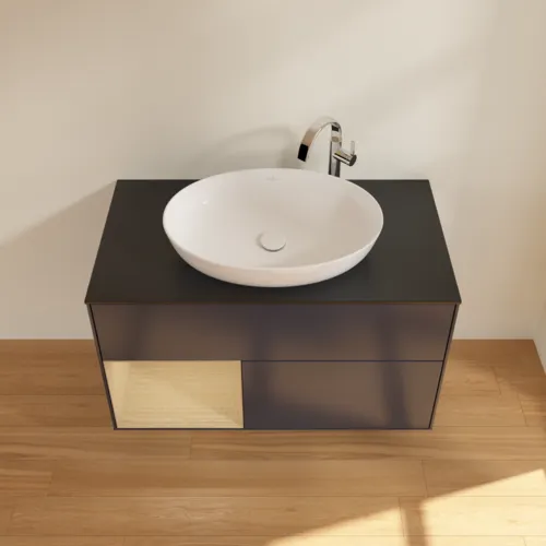 VILLEROY BOCH Toaletní skříňka Finion, s osvětlením, 2 výsuvy, 1000 x 603 x 501 mm, Midnight Blue Matt Lacquer / Oak Veneer / Glass Black Matt #F892PCHG, obrázek 4