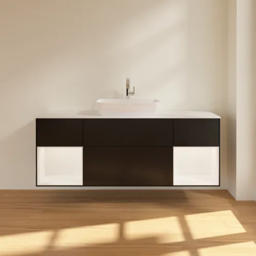 VILLEROY BOCH Toaletní skříňka Finion, s osvětlením, 4 výsuvy, 1600 x 603 x 501 mm, černý matný lak / bílý matný lak / bílé matné sklo #F861MTPD, obrázek 3