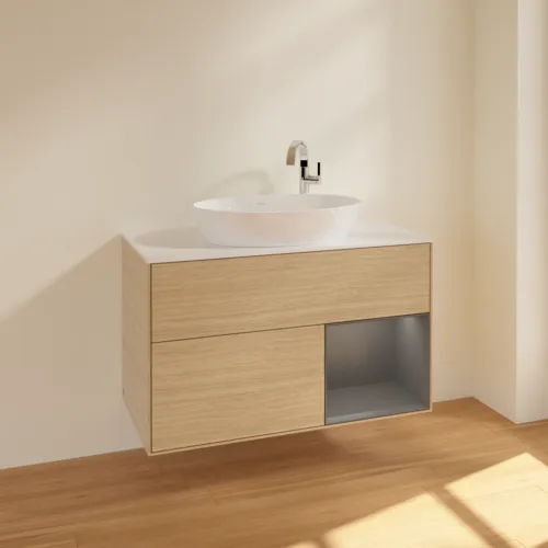 VILLEROY BOCH Toaletní skříňka Finion, s osvětlením, 2 výsuvy, 1000 x 603 x 501 mm, dubová dýha / antracitový matný lak / bílé matné sklo #F901GKPC, obrázek 2