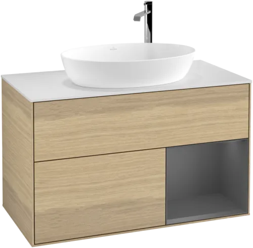 VILLEROY BOCH Toaletní skříňka Finion, s osvětlením, 2 výsuvy, 1000 x 603 x 501 mm, dubová dýha / antracitový matný lak / bílé matné sklo #F901GKPC, obrázek 1