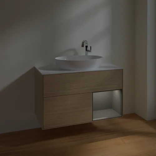VILLEROY BOCH Toaletní skříňka Finion, s osvětlením, 2 výsuvy, 1000 x 603 x 501 mm, dubová dýha / antracitový matný lak / bílé matné sklo #F901GKPC, obrázek 5