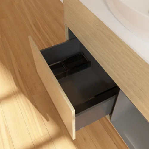 VILLEROY BOCH Toaletní skříňka Finion, s osvětlením, 2 výsuvy, 1000 x 603 x 501 mm, dubová dýha / antracitový matný lak / bílé matné sklo #F901GKPC, obrázek 7