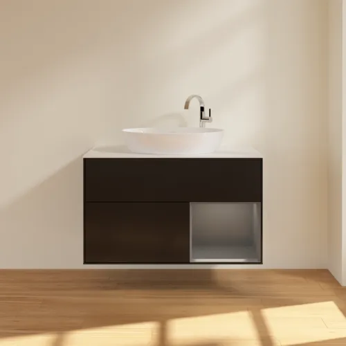 VILLEROY BOCH Toaletní skříňka Finion, s osvětlením, 2 výsuvy, 1000 x 603 x 501 mm, černý matný lak / antracitový matný lak / bílé matné sklo #F901GKPD, obrázek 3