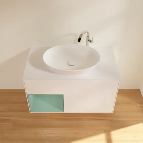 VILLEROY BOCH Toaletní skříňka Finion, s osvětlením, 2 výsuvy, 1000 x 603 x 501 mm, bílý matný lak / olivový matný lak / bílé matné sklo #F891GMMT, obrázek 4