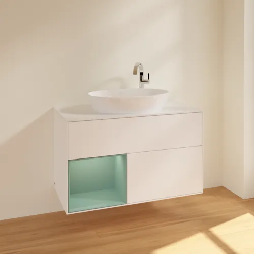 VILLEROY BOCH Toaletní skříňka Finion, s osvětlením, 2 výsuvy, 1000 x 603 x 501 mm, bílý matný lak / olivový matný lak / bílé matné sklo #F891GMMT, obrázek 2