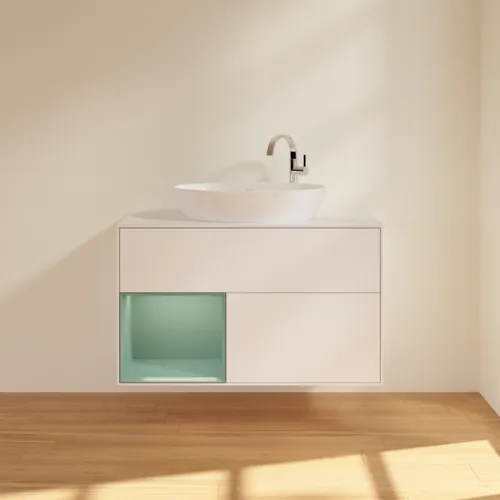 VILLEROY BOCH Toaletní skříňka Finion, s osvětlením, 2 výsuvy, 1000 x 603 x 501 mm, bílý matný lak / olivový matný lak / bílé matné sklo #F891GMMT, obrázek 3
