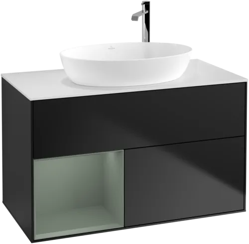 VILLEROY BOCH Toaletní skříňka Finion, s osvětlením, 2 výsuvy, 1000 x 603 x 501 mm, černý matný lak / olivový matný lak / bílé matné sklo #F891GMPD, obrázek 1