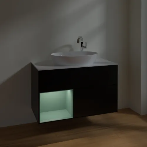 VILLEROY BOCH Toaletní skříňka Finion, s osvětlením, 2 výsuvy, 1000 x 603 x 501 mm, černý matný lak / olivový matný lak / bílé matné sklo #F891GMPD, obrázek 5