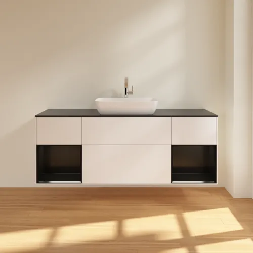 VILLEROY BOCH Toaletní skříňka Finion, s osvětlením, 4 výsuvy, 1600 x 603 x 501 mm, bílý matný lak / černý matný lak / černé matné sklo #F862PDMT, obrázek 3