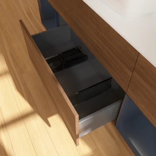 VILLEROY BOCH Toaletní skříňka Finion, s osvětlením, 4 výsuvy, 1600 x 603 x 501 mm, ořechová dýha / půlnočně modrý matný lak / sklo bílé matné #F861HGGN, obrázek 7