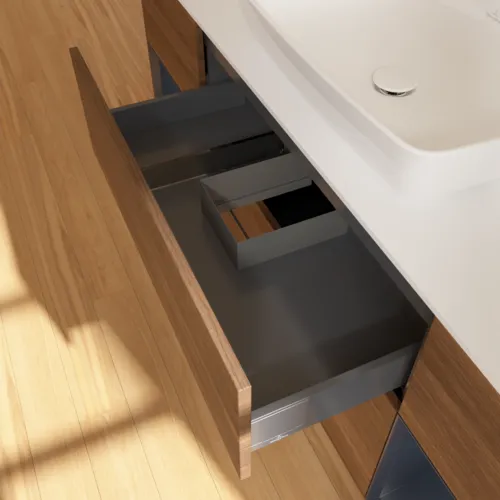 VILLEROY BOCH Toaletní skříňka Finion, s osvětlením, 4 výsuvy, 1600 x 603 x 501 mm, ořechová dýha / půlnočně modrý matný lak / sklo bílé matné #F861HGGN, obrázek 8