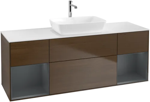 VILLEROY BOCH Toaletní skříňka Finion, s osvětlením, 4 výsuvy, 1600 x 603 x 501 mm, ořechová dýha / půlnočně modrý matný lak / sklo bílé matné #F861HGGN, obrázek 1