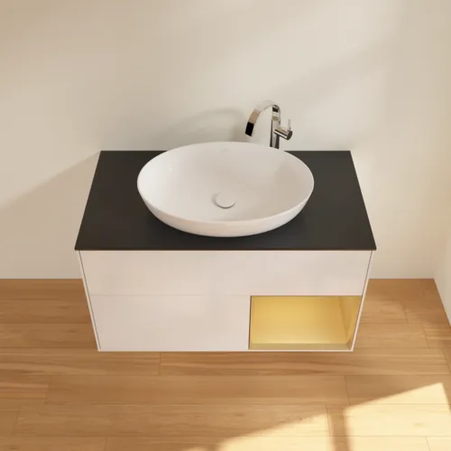 VILLEROY BOCH Toaletní skříňka Finion, s osvětlením, 2 výsuvy, 1000 x 603 x 501 mm, lesklý bílý lak / zlatý matný lak / černé matné sklo #F902HFGF, obrázek 2