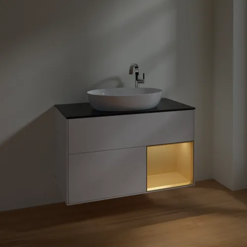 VILLEROY BOCH Toaletní skříňka Finion, s osvětlením, 2 výsuvy, 1000 x 603 x 501 mm, lesklý bílý lak / zlatý matný lak / černé matné sklo #F902HFGF, obrázek 3