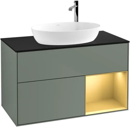 VILLEROY BOCH Toaletní skříňka Finion, s osvětlením, 2 výsuvy, 1000 x 603 x 501 mm, olivový matný lak / zlatý matný lak / černé matné sklo #F902HFGM, obrázek 1