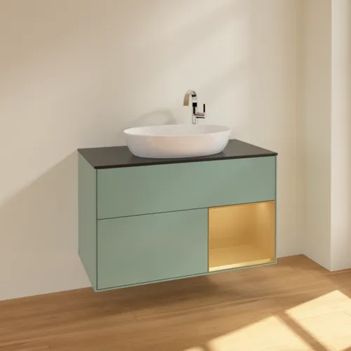VILLEROY BOCH Toaletní skříňka Finion, s osvětlením, 2 výsuvy, 1000 x 603 x 501 mm, olivový matný lak / zlatý matný lak / černé matné sklo #F902HFGM, obrázek 2