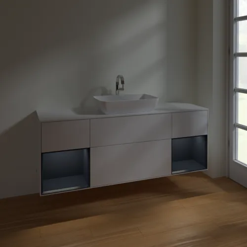 VILLEROY BOCH Toaletní skříňka Finion, s osvětlením, 4 výsuvy, 1600 x 603 x 501 mm, lesklý bílý lak / půlnoční modrý matný lak / bílé matné sklo #F861HGGF, obrázek 5