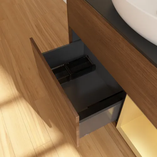 VILLEROY BOCH Toaletní skříňka Finion, s osvětlením, 2 výsuvy, 1000 x 603 x 501 mm, ořechová dýha / zlatý matný lak / černé matné sklo #F902HFGN, obrázek 3
