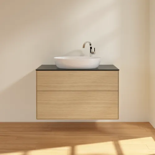 VILLEROY BOCH Toaletní stolek Finion, 2 výsuvy, 1000 x 603 x 501 mm, dubová dýha / sklo černé matné #F88200PC, obrázek 3