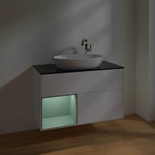 VILLEROY BOCH Toaletní skříňka Finion, s osvětlením, 2 výsuvy, 1000 x 603 x 501 mm, bílý matný lak / olivový matný lak / černé matné sklo #F892GMMT, obrázek 5